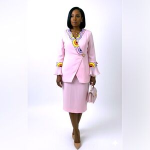 DONNAVINCI Light Pink Suit with Colorful Embroidery (Blazer and skirt)